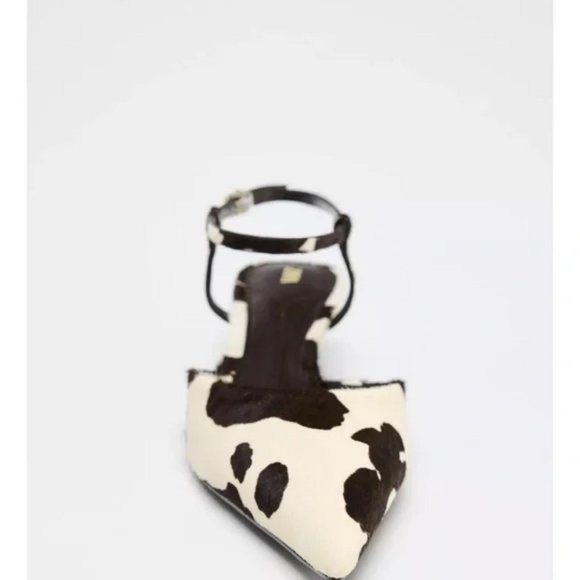 ZARA FUR TRIMMED LEATHER SLINGBACK KITTEN HEELS - Picture 3 of 5